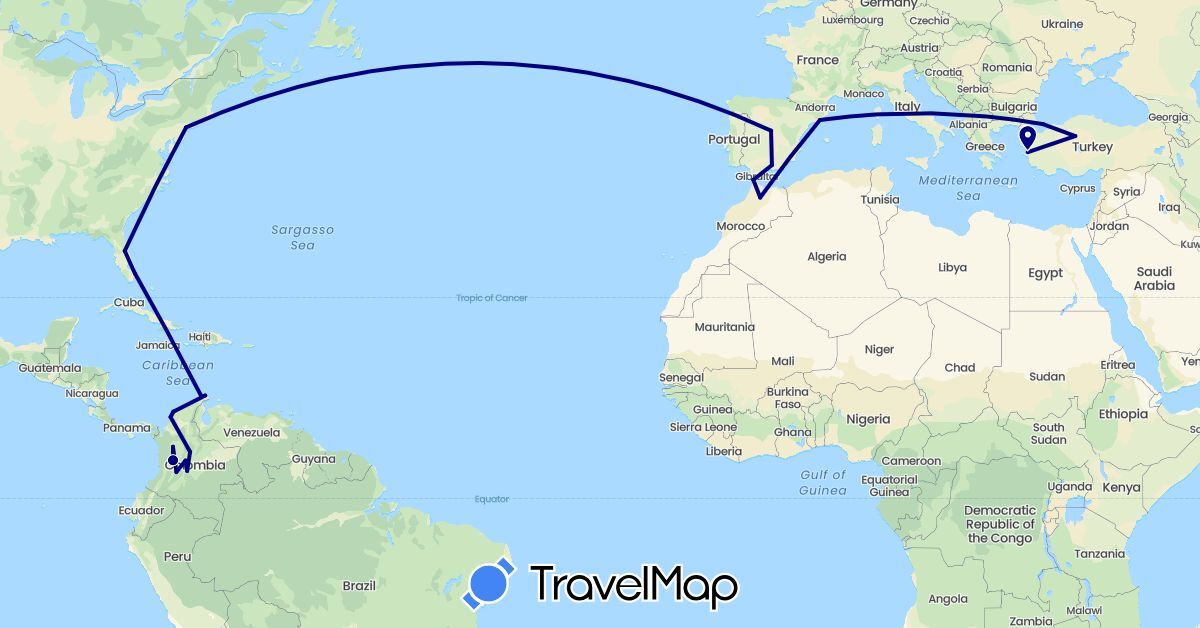 TravelMap itinerary: driving in Colombia, Spain, Morocco, Turkey, United States (Africa, Asia, Europe, North America, South America)
